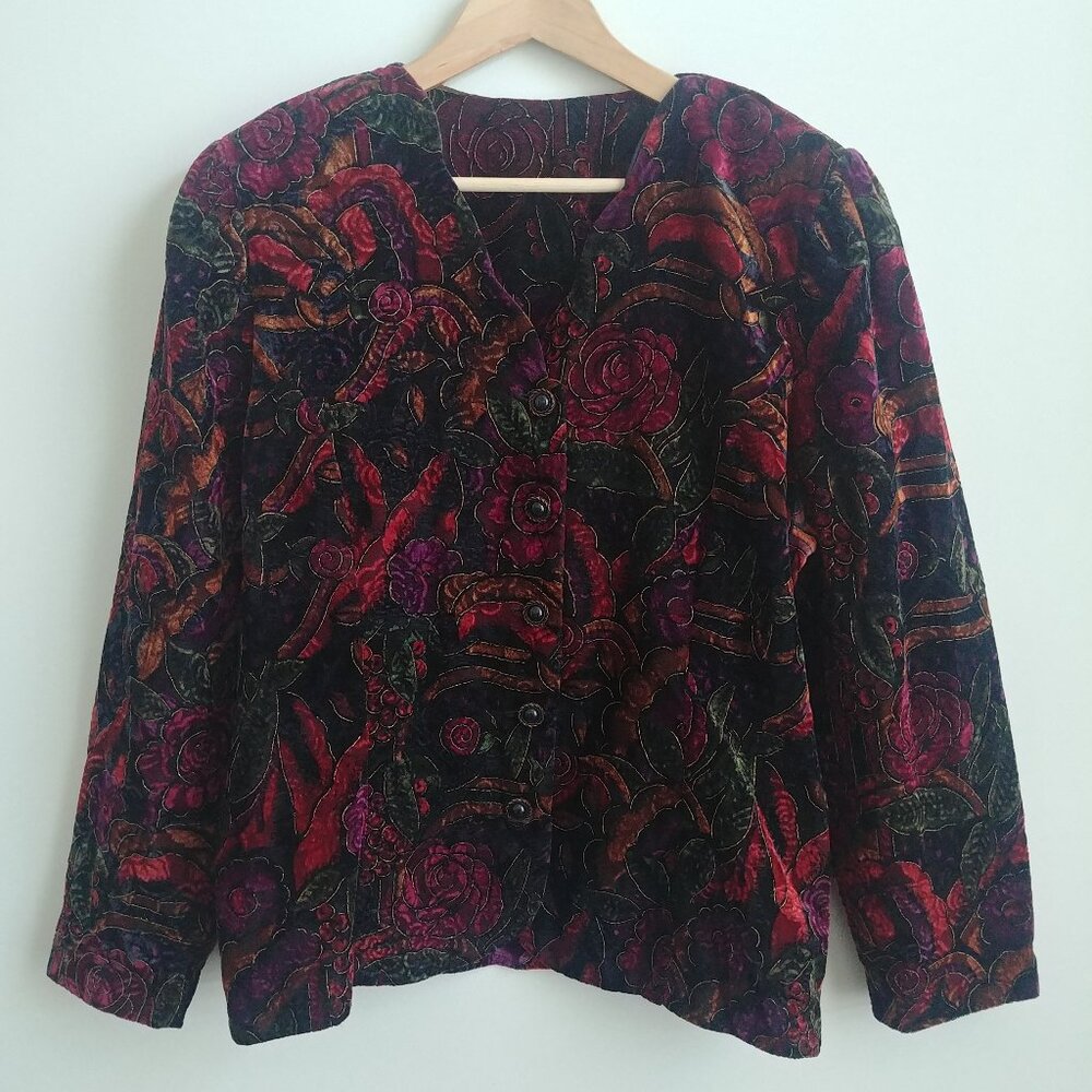 Vintage metallic velour rose floral pattern blazer jacket approx Large